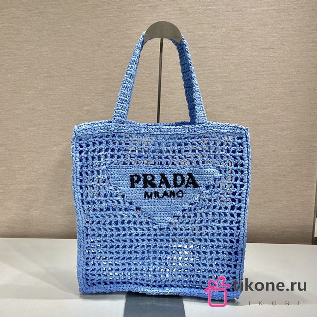 Prada Yarn Raffia Crochet Embroidered Blue Tote Bag - 36x38x3cm - 1