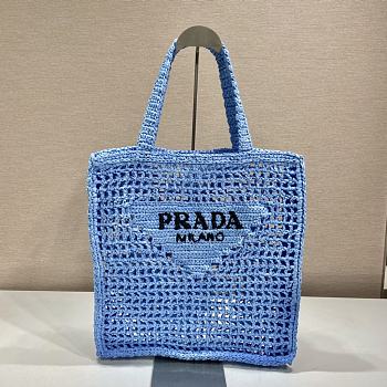 Prada Yarn Raffia Crochet Embroidered Blue Tote Bag - 36x38x3cm