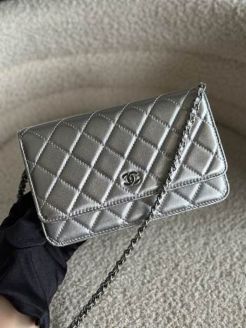 Chanel Wallet On Chain Silver Lambskin Bag - 19.5x12x3.5cm