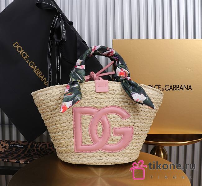 DG Straw Shopping Bag Pink Logo - 35x26x16cm - 1