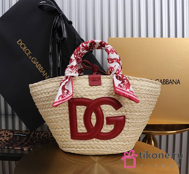 DG Straw Shopping Bag Dark Red Logo - 35x26x16cm - 1