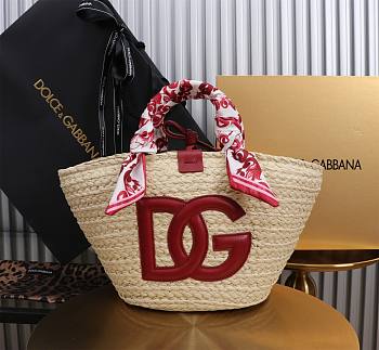 DG Straw Shopping Bag Dark Red Logo - 35x26x16cm