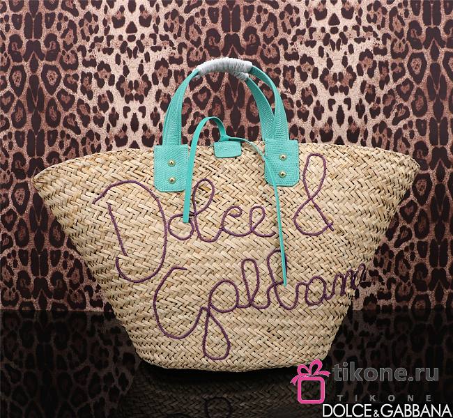 DG Straw Shopping Bag Green Handles - 44x25x17cm - 1