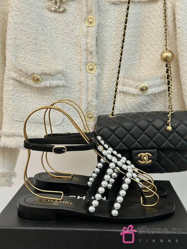 Chanel Sandals Pearl Black Leather - 1