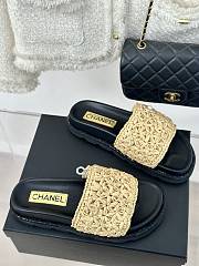 Chanel Natural Straw Black Leather Slippers - 3