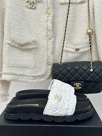 Chanel White Straw Black Leather Slippers