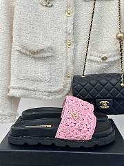 Chanel Pink Straw Black Leather Slippers - 1