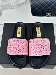 Chanel Pink Straw Black Leather Slippers - 4