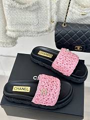 Chanel Pink Straw Black Leather Slippers - 3