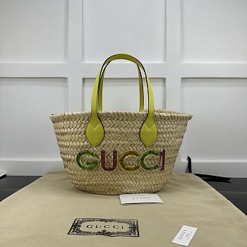 Gucci Mini Logo Straw Tote Bag With Yellow Top Handles - 20.5x19.5x13cm
