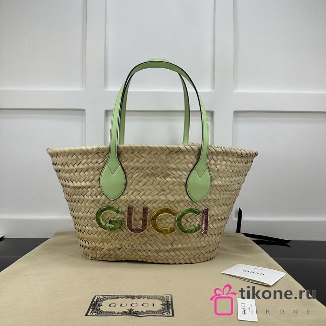 Gucci Mini Logo Straw Tote Bag With Green Top Handles - 20.5x19.5x13cm - 1