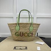 Gucci Mini Logo Straw Tote Bag With Green Top Handles - 20.5x19.5x13cm - 1