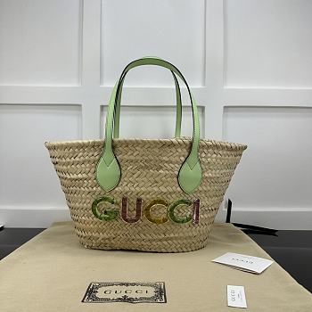 Gucci Mini Logo Straw Tote Bag With Green Top Handles - 20.5x19.5x13cm