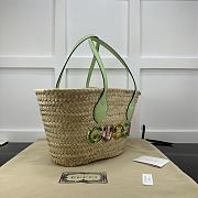 Gucci Mini Logo Straw Tote Bag With Green Top Handles - 20.5x19.5x13cm - 3