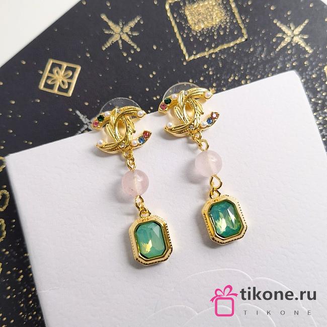 Chanel Long Earrings Green Stones - 1