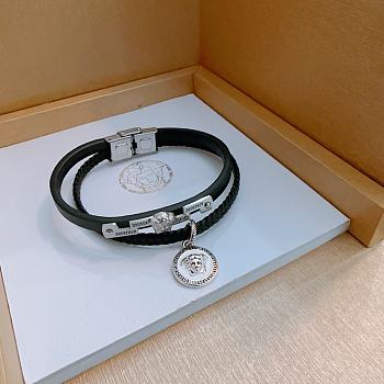 Versace Black Leather Silver Pendant Bracelet