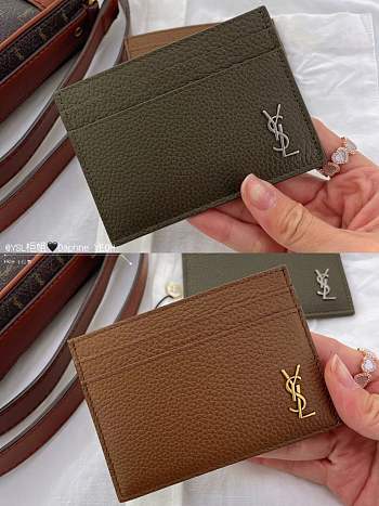 YSL Card Holder Logo Brown/ Green Full-grain Leather  