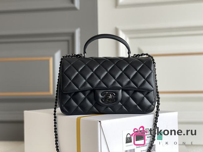 Chanel Mini Flap Top Handle Black Lambskin Black Hardware - 12x20x6.5cm - 1