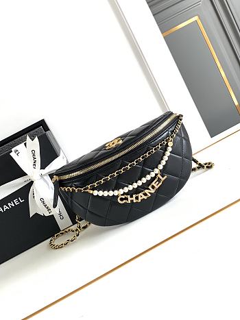 CC Waist Bag Shiny Lambskin Imitation Pearls & Gold Metallic Black - 17×24×11cm 