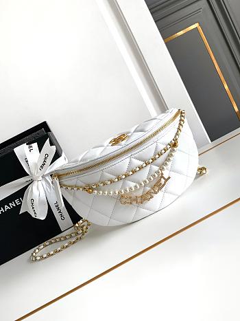 CC Waist Bag Shiny Lambskin Imitation Pearls & Gold Metallic White - 17×24×11cm