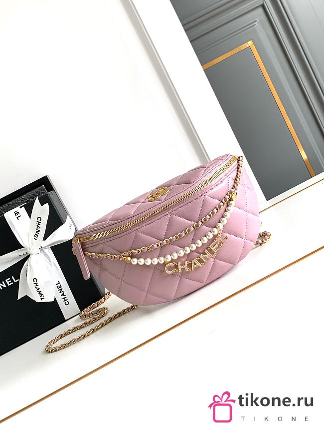 CC Waist Bag Shiny Lambskin Imitation Pearls & Gold Metallic Pink- 17×24×11cm - 1