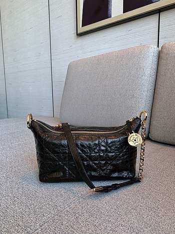 Diorstar Hobo Bag with Chain Black Macrocannage Crinkled Calfskin - 22x14.5x10 cm