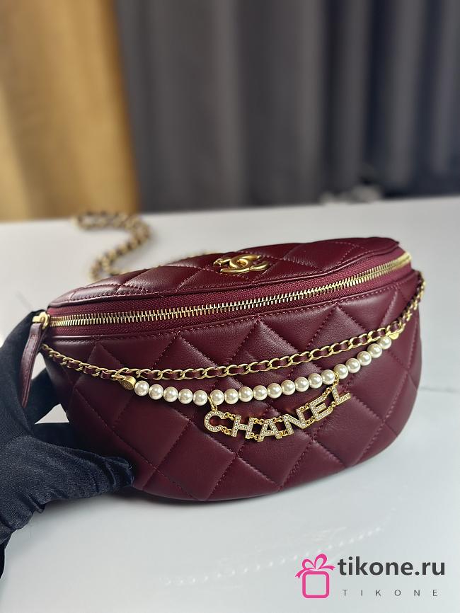 CC Waist Bag Shiny Lambskin Imitation Pearls & Gold Metallic Red - 17×24×11cm - 1