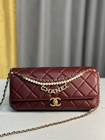 Chanel Flap Bag Lambskin Imitation Pearls & Gold-Tone Metal Red - 13×20×7.5cm