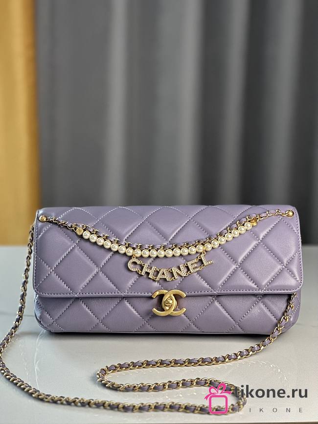 Chanel Flap Bag Lambskin Imitation Pearls & Gold-Tone Metal Light Purple - 13×20×7.5cm - 1