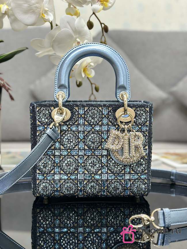 Mini Lady Dior Bag Metallic Calfskin and Satin, and Light Blue Beaded Embroidery - 17x15x7cm - 1