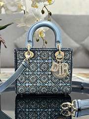 Mini Lady Dior Bag Metallic Calfskin and Satin, and Light Blue Beaded Embroidery - 17x15x7cm - 1