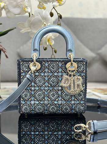 Mini Lady Dior Bag Metallic Calfskin and Satin, and Light Blue Beaded Embroidery - 17x15x7cm