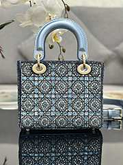 Mini Lady Dior Bag Metallic Calfskin and Satin, and Light Blue Beaded Embroidery - 17x15x7cm - 3