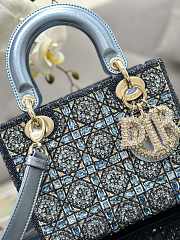 Mini Lady Dior Bag Metallic Calfskin and Satin, and Light Blue Beaded Embroidery - 17x15x7cm - 6