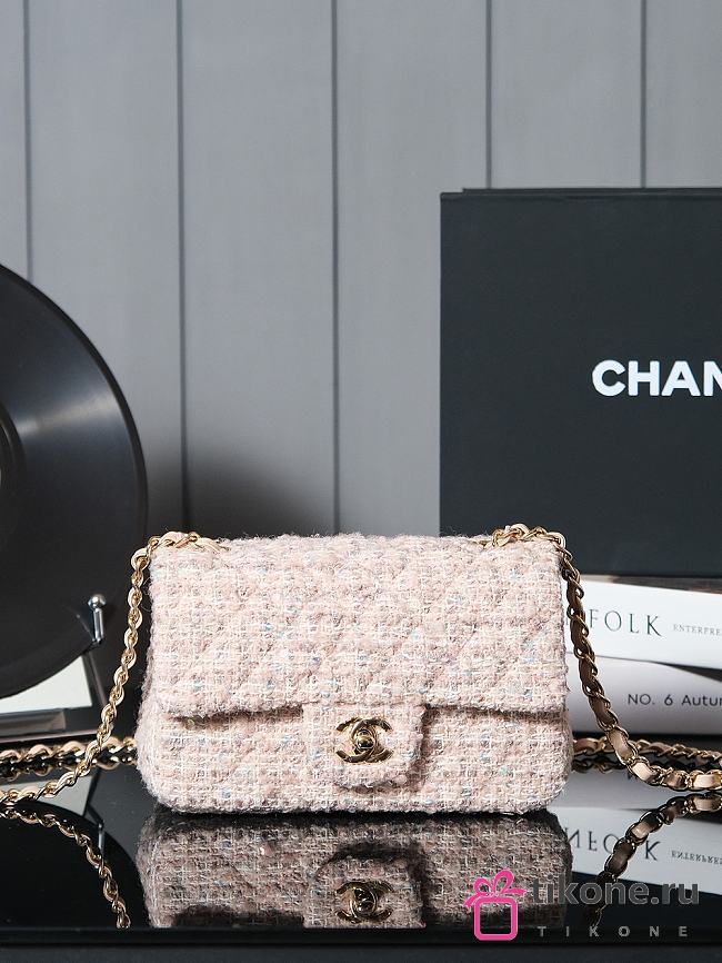 Chanel Mini Classic Bag Gold Metallic Tweed Beige Light Yellow & Ecru - 12×20×6cm - 1