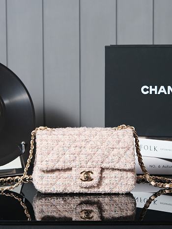 Chanel Mini Classic Bag Gold Metallic Tweed Beige Light Yellow & Ecru - 12×20×6cm