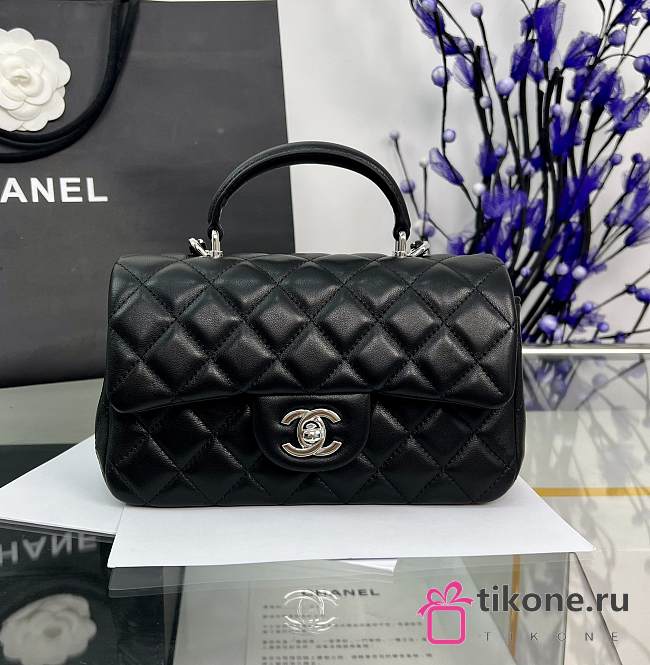 Chanel Mini Flap Top Handle Black Lambskin Silver Hardware - 12x20x6.5cm - 1