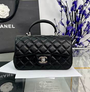 Chanel Mini Flap Top Handle Black Lambskin Silver Hardware - 12x20x6.5cm