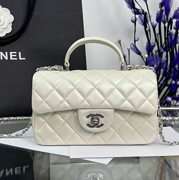 Chanel Mini Flap Top Handle Pearlescent White Lambskin Silver Hardware - 12x20x6.5cm