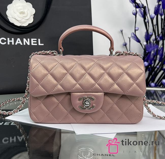 Chanel Mini Flap Top Handle Pearlescent Pink Lambskin Silver Hardware - 12x20x6.5cm - 1