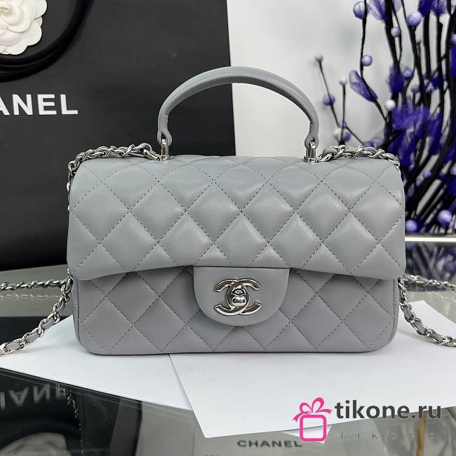 Chanel Mini Flap Top Handle Gray Lambskin Silver Hardware - 12x20x6.5cm - 1