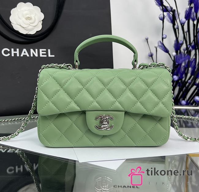 Chanel Mini Flap Top Handle Green Lambskin Silver Hardware - 12x20x6.5cm - 1