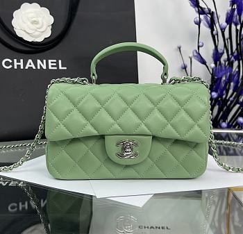 Chanel Mini Flap Top Handle Green Lambskin Silver Hardware - 12x20x6.5cm