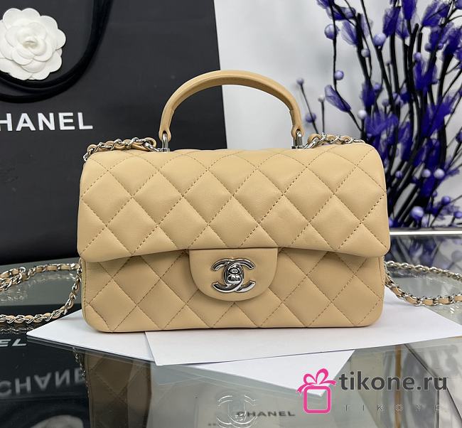 Chanel Mini Flap Top Handle Beige Lambskin Silver Hardware - 12x20x6.5cm - 1