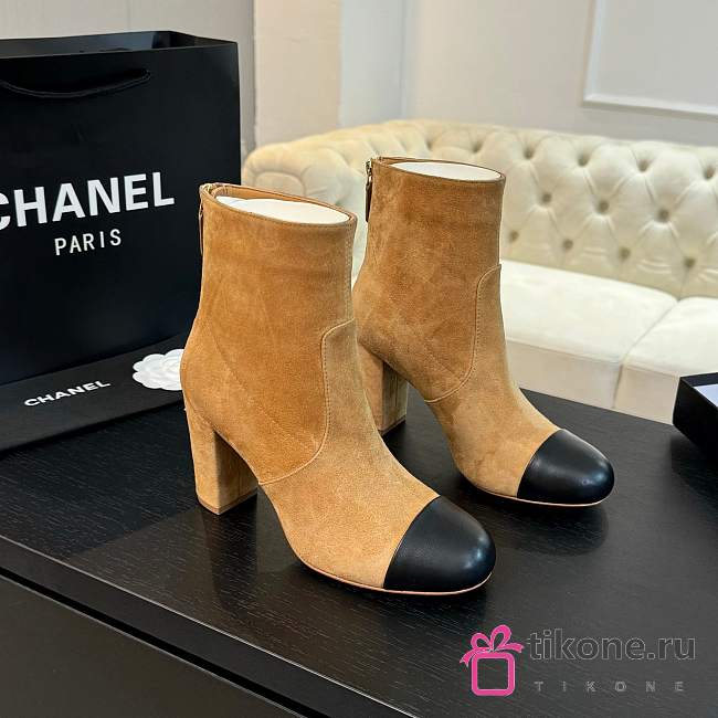 Chanel Short Boots Suede Calfskin & Lambskin Light Brown & Black 90mm - 1