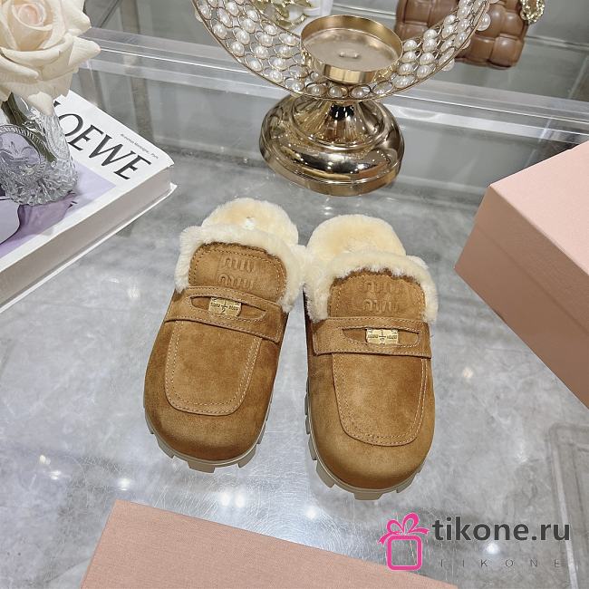 Miu Miu Shearling-lined Suede Slippers Light Brown - 1