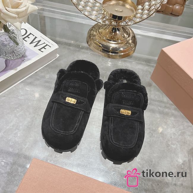 Miu Miu Shearling-lined Suede Slippers Black - 1