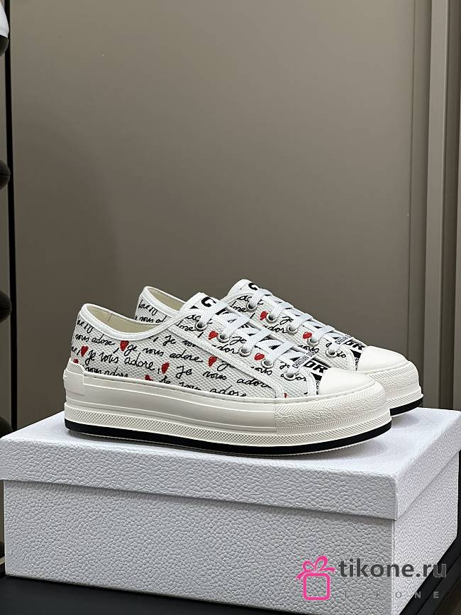 Dioramour Walk'n'Dior Platform Sneaker White Cotton with Embroidered Black and Red Je Vous Adore Motif - 1