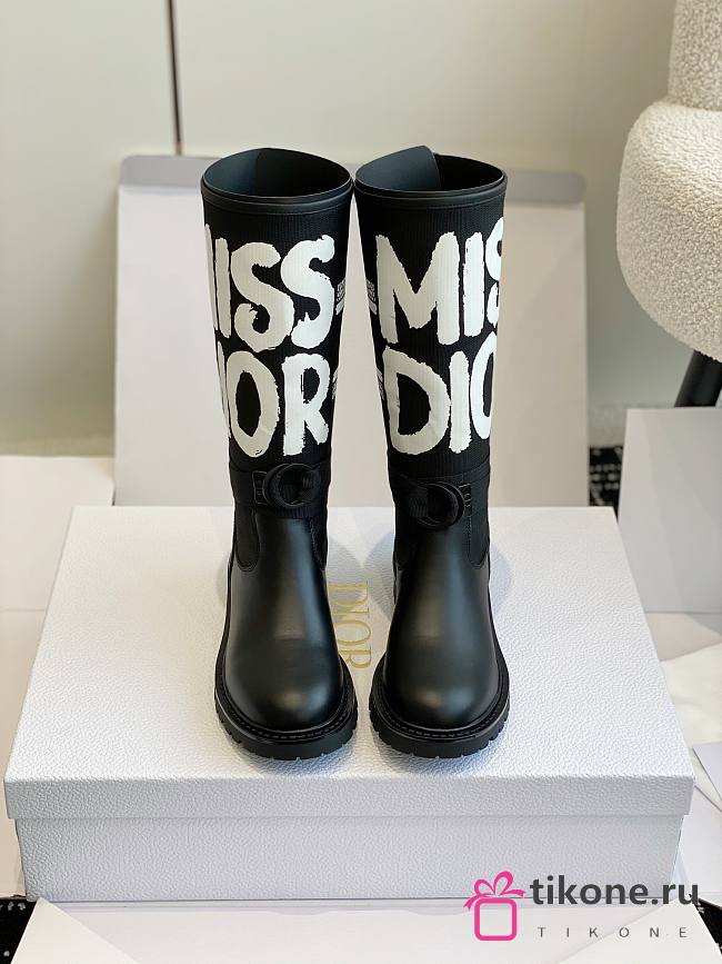 Dior D-Major Boot Black Technical Fabric with White Miss Dior Graffiti Print and Black Calfskin - 1