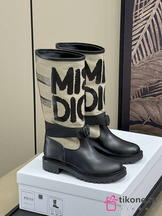 Dior D-Major Boot Warm Taupe Technical Canvas with Black Miss Dior Graffiti Print and Black Calfskin - 1